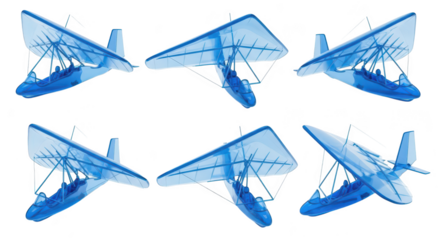Blue hang gliders in various positions digitally rendered against a white background showcasing flight patterns good for travel or adventure promotions