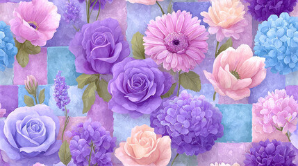 Seamless vintage flower, A beautiful pastel vintage flower design on fabric, perfect for textiles, home decor, and creative projects, showcasing a floral patchwork style.