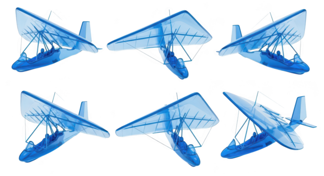 Blue hang gliders in various positions digitally rendered against a white background showcasing flight patterns good for travel or adventure promotions
