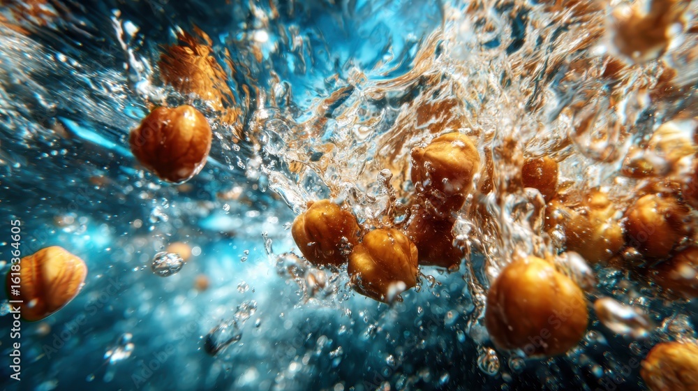 Poster this dynamic underwater image captures chickpeas splashing into clear water, creating an explosion o