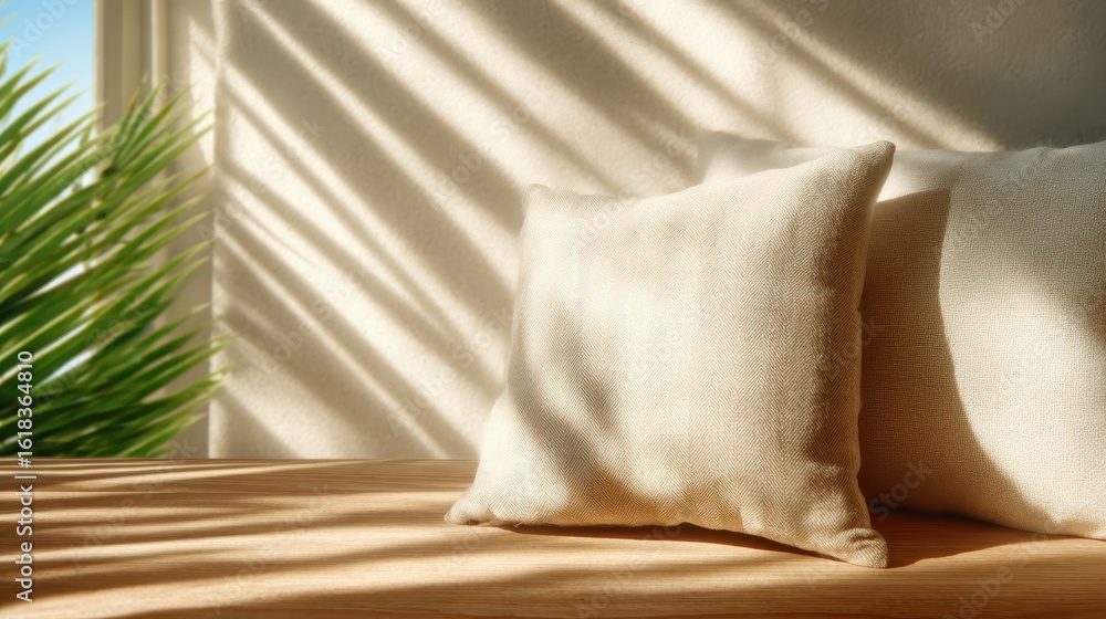Poster this image captures soft shadows cast by sunlight on neatly arranged cushions, conveying a sense of 