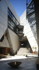 Fototapeta premium Modern concrete courtyard with angled walls and stairs