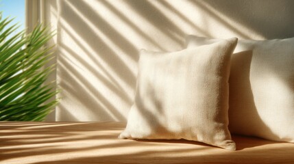 This image captures soft shadows cast by sunlight on neatly arranged cushions, conveying a sense of comfort and relaxation in a warm, inviting indoor setting filled with tranquility.