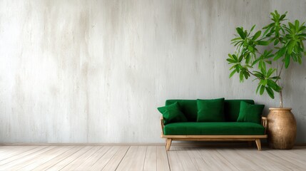 A simple yet elegant living room scene featuring a lush green couch set against a textured wall, conveying modern minimalism and inviting comfort in a soothing ambiance.