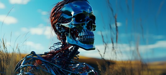 A haunted gothic skeleton perched on a wind-swept hill art, generative ai