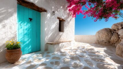 A picturesque whitewashed house featuring a vibrant turquoise door and blooming bougainvillea, capturing the essence of Mediterranean architecture and serene landscapes.