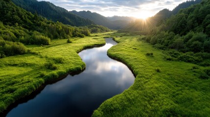A picturesque scene featuring a winding river surrounded by lush greenery and mountains in the background, epitomizing natural beauty and tranquility.