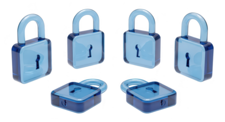 Blue translucent padlocks arranged on white showcasing security and data protection concepts Background is plain white ideal for digital content