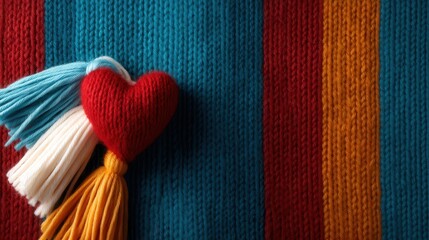 A vibrant heart-shaped plush nestled among colorful knitted stripes, showcasing warmth and affection, perfect for festive and cozy settings or gifts.