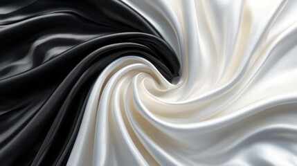 A mesmerizing swirl of black and white satin fabric showcases the interplay of light and shadow, creating an elegant and classic artistic expression.