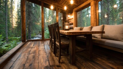 A beautifully designed cabin interior featuring a wooden dining table, comfortable seating, and large windows overlooking a serene forest scene, inviting relaxation and warmth.