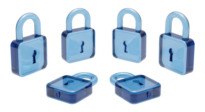 Blue translucent padlocks arranged on white showcasing security and data protection concepts Background is plain white ideal for digital content - Powered by Adobe