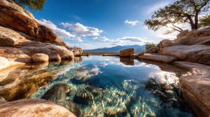 A breathtaking natural hot spring surrounded by stunning rock formations and clear water, providing a perfect setting for relaxation, tranquility, and enjoyment in nature's beauty.