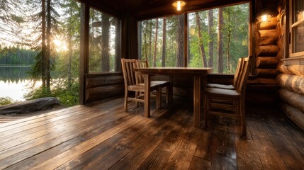 The serene interior of a cozy cabin features wooden furniture, warm lighting, and large windows overlooking a tranquil lake and forest, embodying a perfect retreat.