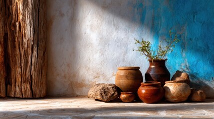 A collection of traditional pots, stones, and a vase with greenery displayed against a textured wall, illuminated by soft natural light, creating a warm and inviting atmosphere.