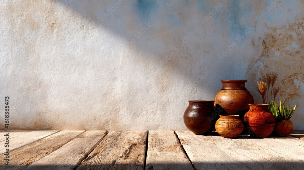 Poster this rustic image captures a collection of clay pots in various sizes on a wooden floor, emphasizing