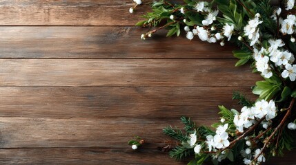 An inviting arrangement of spring blossoms and greenery sprawled over a rustic wooden surface, symbolizing renewal and natural beauty, enhancing a warm and homely atmosphere.