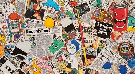 Collage showing various cartoon stickers and newspaper clippings of different shapes and sizes on a flat surface, creating a layered and busy aesthetic clippings, cartoon, art, illustration, pattern, 