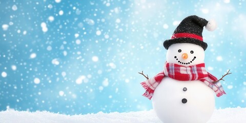 Obraz premium Festive snowman with red scarf and black hat in winter wonderland scene.