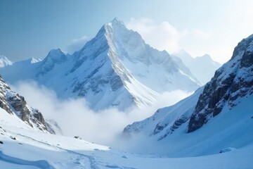 Majestic snow-covered mountain peaks shrouded in a fierce blizzard, a breathtaking winter wonderland scene The swirling snow creates a dramatic and powerful atmosphere , frost, powerful