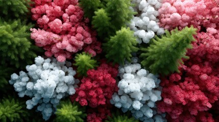 An aerial view of a vibrant arrangement of colorful flowers and lush greenery, showcasing the beauty of flora and its lively appeal to nature enthusiasts and decorators.