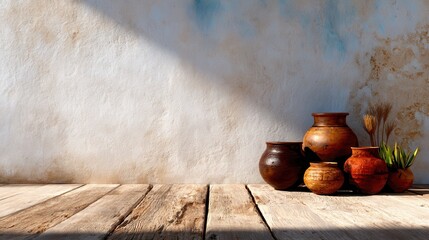 This rustic image captures a collection of clay pots in various sizes on a wooden floor, emphasizing their textures along with the play of shadows and light for added depth.