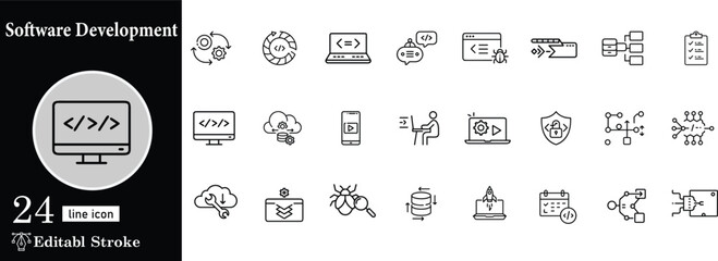 Software development and programming line icon set featuring coding testing and deployment for app development creating scalable software solutions