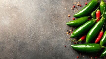 A vibrant display of fresh green and red chili peppers arranged on a textured surface, showcasing their natural beauty and hinting at the heat they bring to culinary creations.