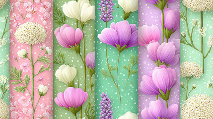 Seamless vintage flower, A vintage-inspired illustration featuring pastel wildflowers, ideal for decorative purposes and nature-themed projects.