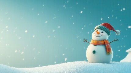 Fototapeta premium Cheerful snowman with red santa hat and scarf in snowy landscape at sunset.