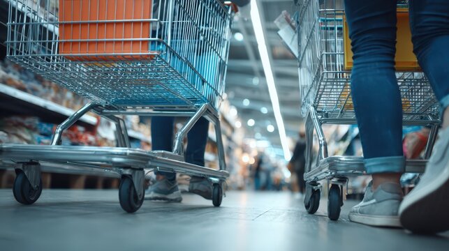 Frustrated Shoppers Moment concept. Shopping carts in a grocery store aisle with shoppers' feet visible.