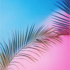 Minimalist white space with bright tropical palm leaf, magenta lighting
