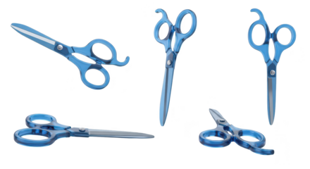 Four blue scissors various angled cuts on a white surface reflecting light ideal for hairstyling or creative concepts
