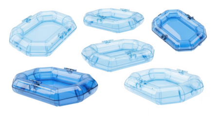 Transparent blue inflatable boats arranged floating isolated on white for water safety recreation or design concepts