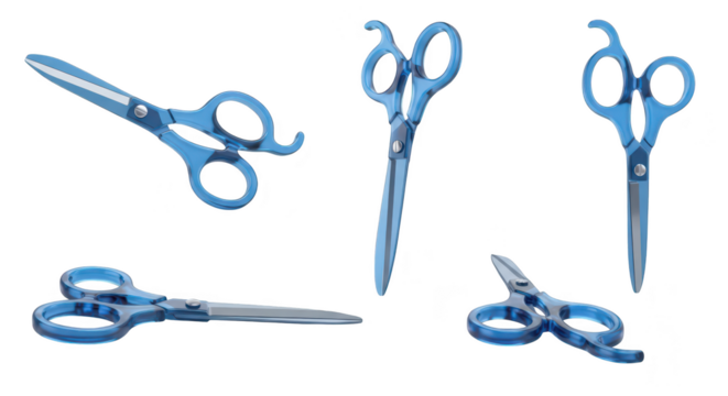 Four blue scissors various angled cuts on a white surface reflecting light ideal for hairstyling or creative concepts