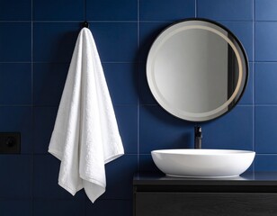 A white towel hanging on a dark navy tiled wall, creating a high contrast, elegant composition. A backlit round mirror and black matte fixtures complete the look.