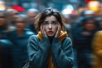 Panic attack in public place. Man having panic disorder in city. Psychology