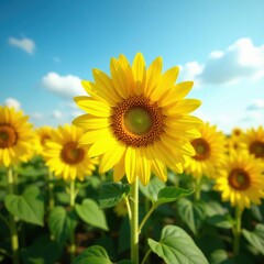 Fototapeta premium Giant sunflower dominates field, vibrant yellow petals , countryside, plant, tall