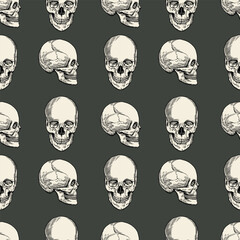Vintage Skull Seamless Pattern – Hand Drawn Horror Halloween Illustration