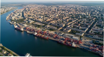 Fototapeta premium Aerial view of Kaliningrad City showing Pregolya River and a busy port with container ships during daytime city, urban, aerial, view, pregolya, river, port, container, ship, containers, ships, dockin