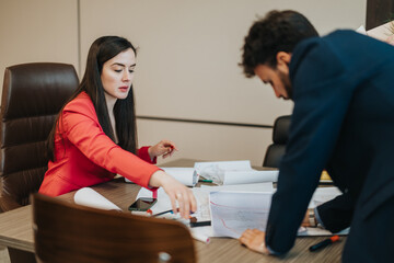 Two professionals engaged in a focused business discussion, working on documents in an office...
