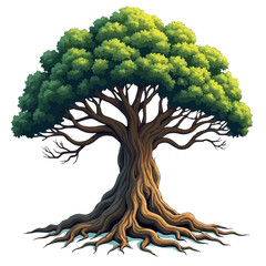 Majestic Green Tree with Visible Roots and Broad Canopy – Vector Illustration