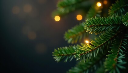 Glimmering lights softly adorn vibrant green pine boughs, a perfect festive scene , decor, glitter