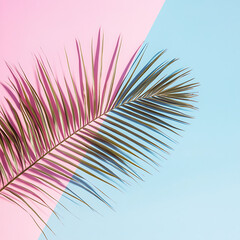 Minimalist white space with bright tropical palm leaf, magenta lighting
