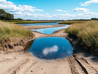 Obraz premium Serene Coastal Landscape with Tidal Pools and Tire Tracks.
