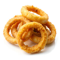 A pile of goldenbrown, crispy fried onion rings, coated in breadcrumbs and fried to perfection, isolated on a white background