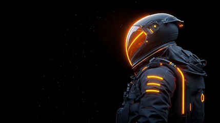 A futuristic astronaut in a high-tech suit with glowing orange accents against a starry black background