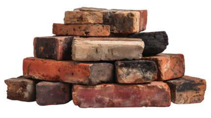 Distressed reclaimed brick pile, various shades of red and brown, isolated on Transparent background