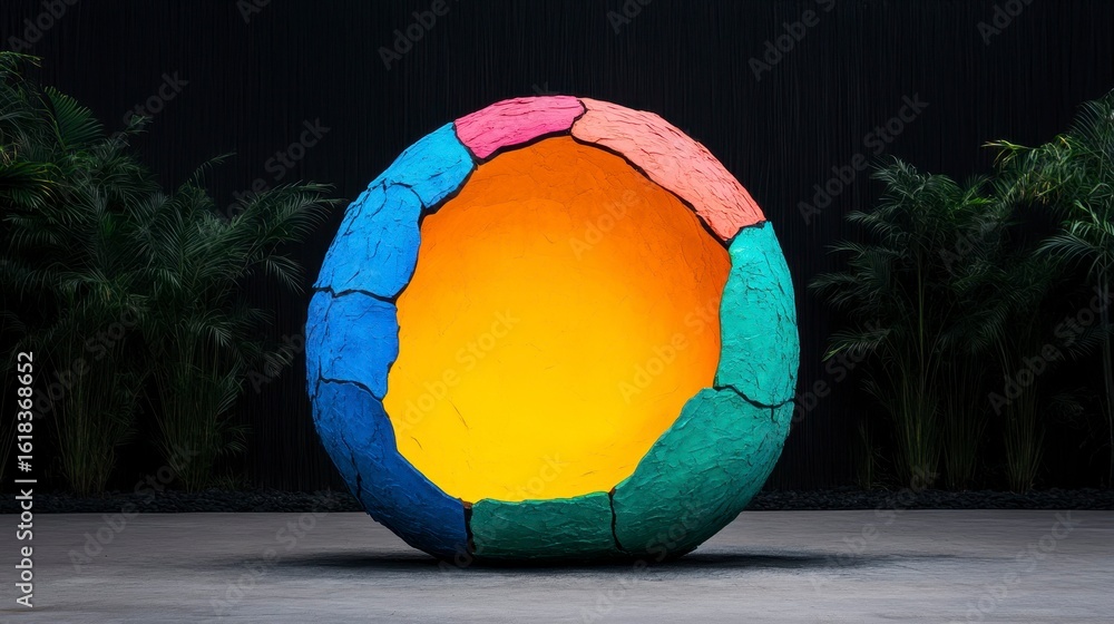Poster a vibrant abstract sculpture resembling a giant egg with colorful segments showcasing an illuminated