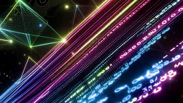 Dynamic waveforms of glowing binary code flow diagonally, blending seamlessly with light grids and abstract geometric shapes in a futuristic digital scene.
